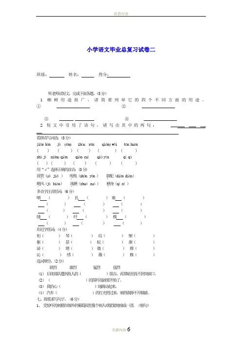 小学语文毕业总复习试卷二(无答案) 冀教版