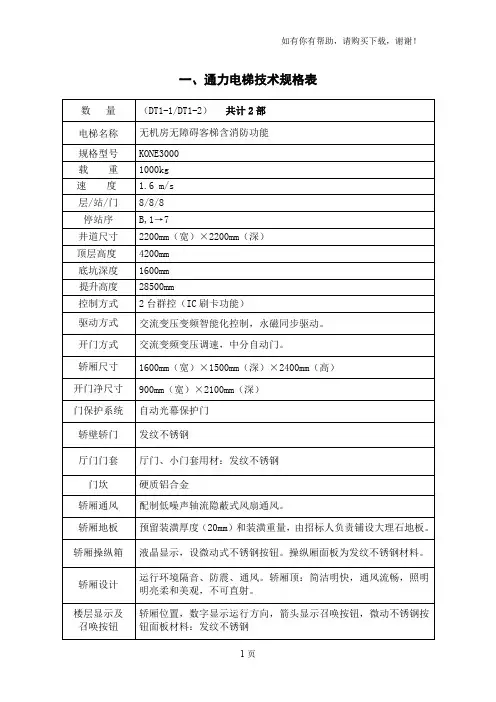 通力电梯技术规格表