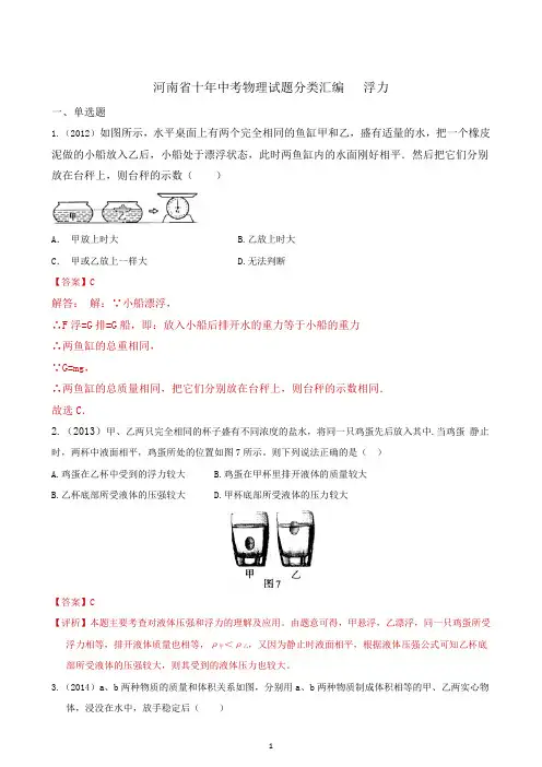 河南省十年(2012-2021)中考物理试题汇编：浮力(解析版)