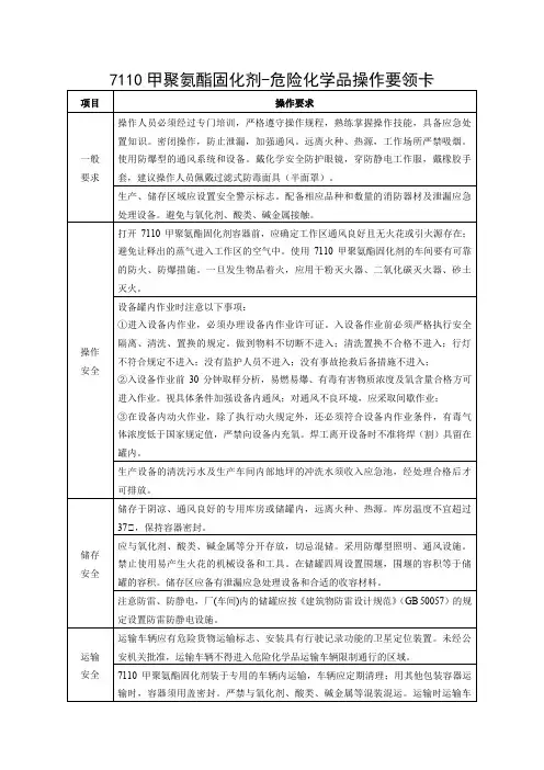 7110甲聚氨酯固化剂-危险化学品操作要领卡