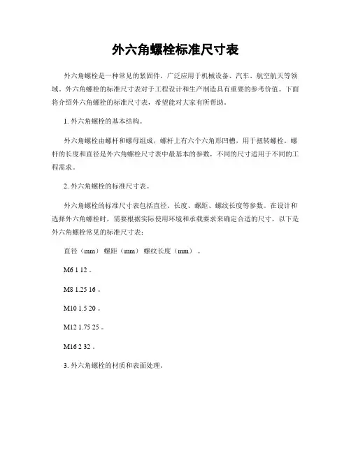 外六角螺栓标准尺寸表