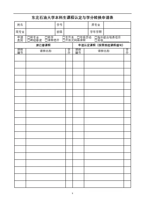 东北石油大学本科生课程认定与学分转换申请表【模板】