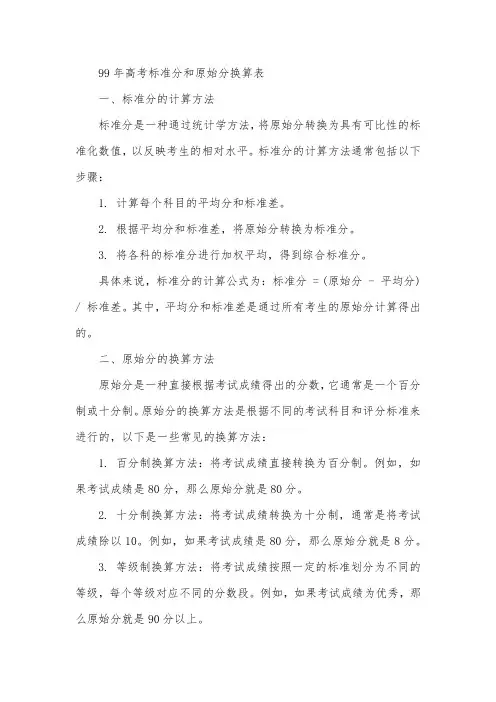 99年高考标准分和原始分换算表