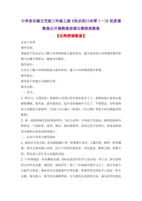 小学音乐湘文艺版三年级上册《快乐的口风琴(一)》优质课教案公开课教案讲课比赛获奖教案D001