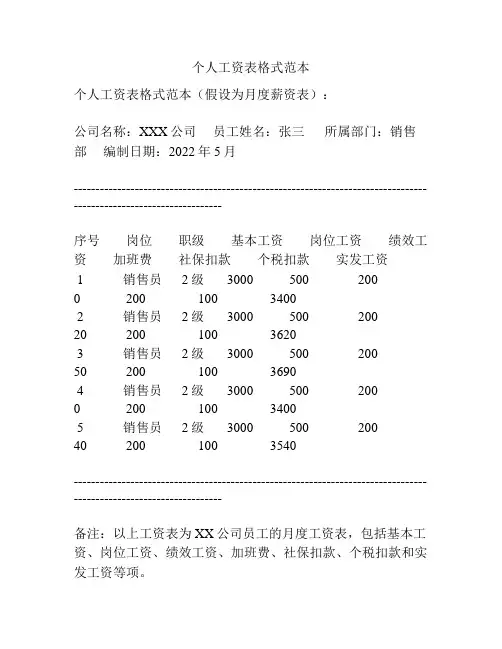 个人工资表格式范本