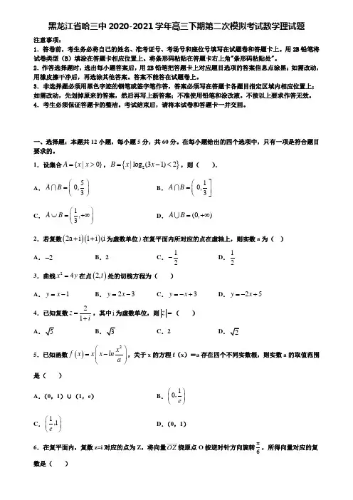 【加13套高考模拟卷】黑龙江省哈三中2020-2021学年高三下期第二次模拟考试数学理试题含解析