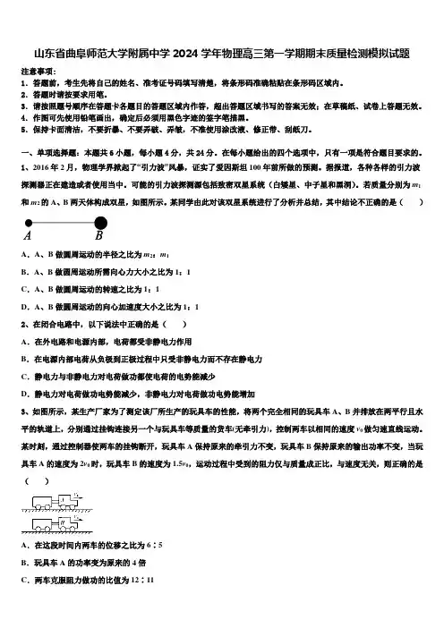 山东省曲阜师范大学附属中学2024学年物理高三第一学期期末质量检测模拟试题含解析