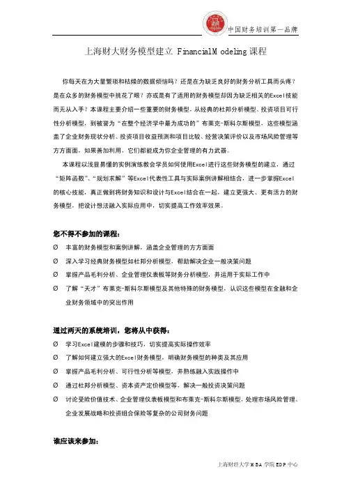 上海财大财务模型建立 Financial Modeling培训课程