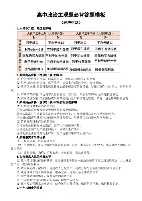 高中政治高考主观题必背答题模板(经济生活)