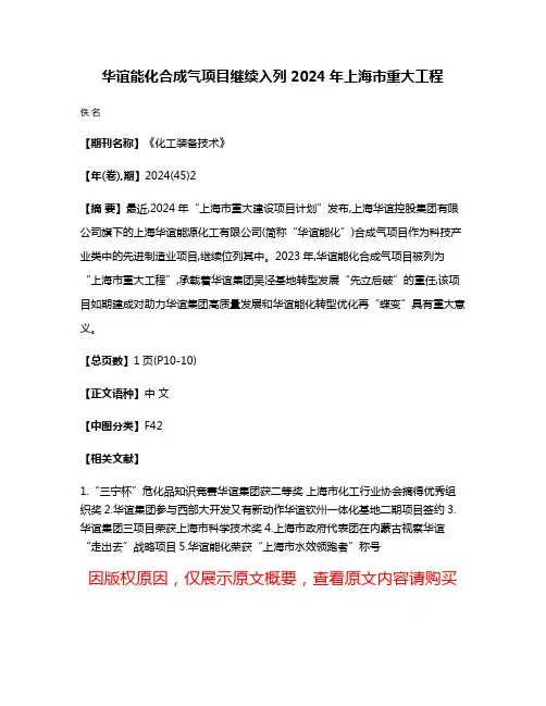 华谊能化合成气项目继续入列2024年上海市重大工程