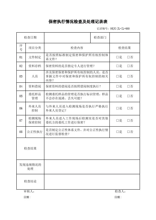 保密执行情况检查及处理记录表(经典范本)