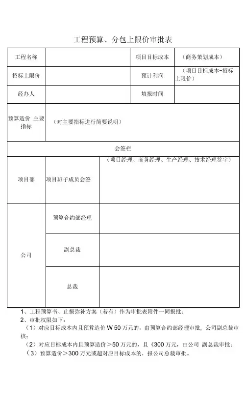 工程预算、分包上限价审批表