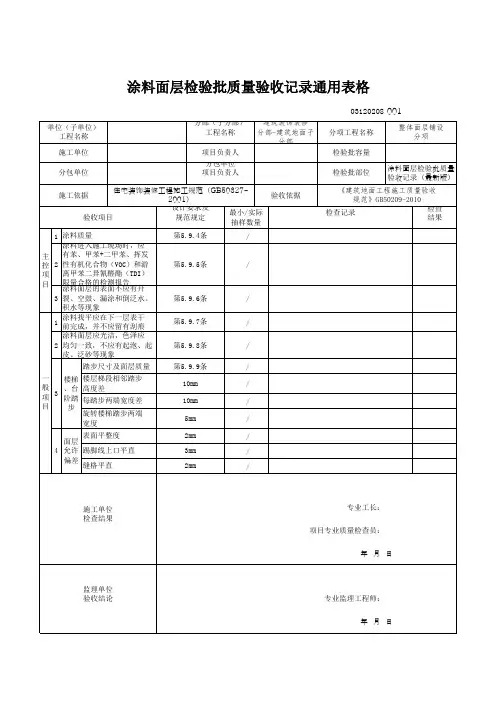 涂料面层检验批质量验收记录通用表格