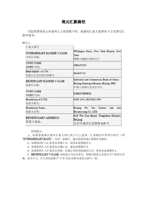 美元汇款路径
