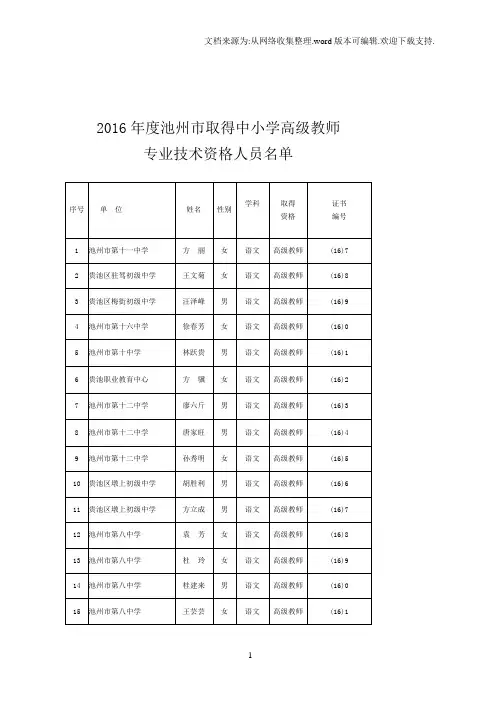 2016池州取得中小学高级教师