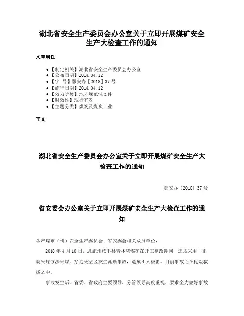 湖北省安全生产委员会办公室关于立即开展煤矿安全生产大检查工作的通知