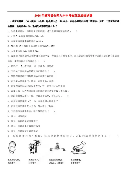 湖南省岳阳市中考物理适应性试卷(含解析)