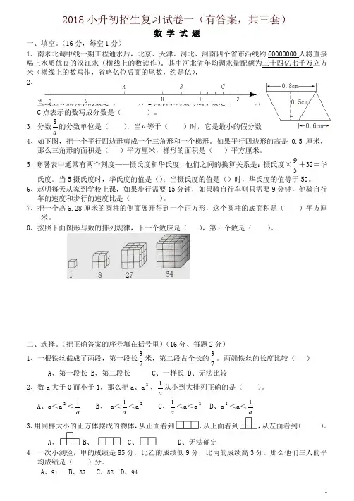 2018年小升初考试数学试卷及答案(共3份)-精