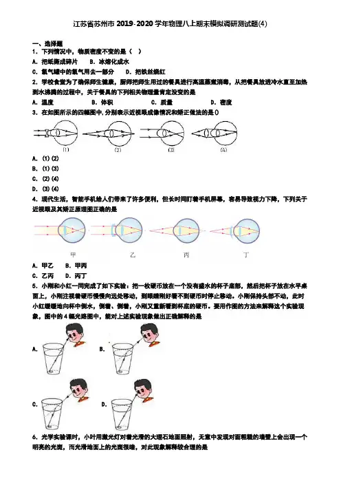 江苏省苏州市2019-2020学年物理八上期末模拟调研测试题(4)