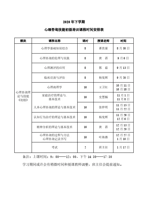 课表安排(2020年下学期)