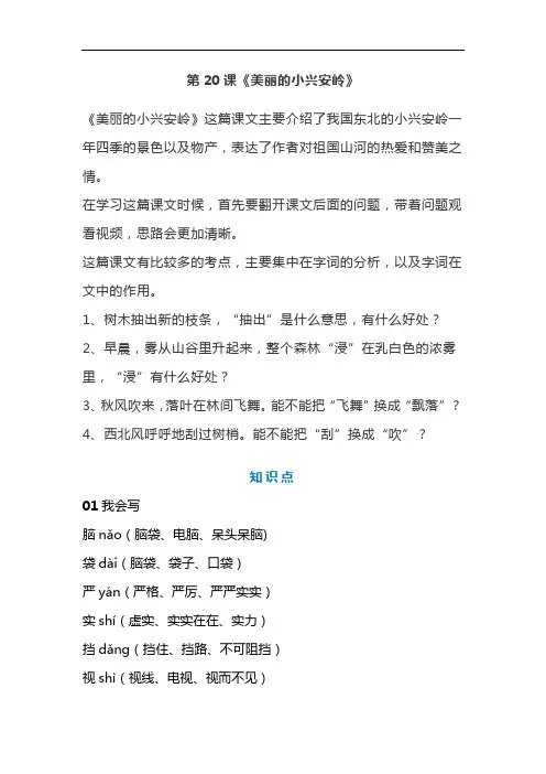 统编版三年级语文上册第20课《美丽的小兴安岭》课文预习和知识点总结