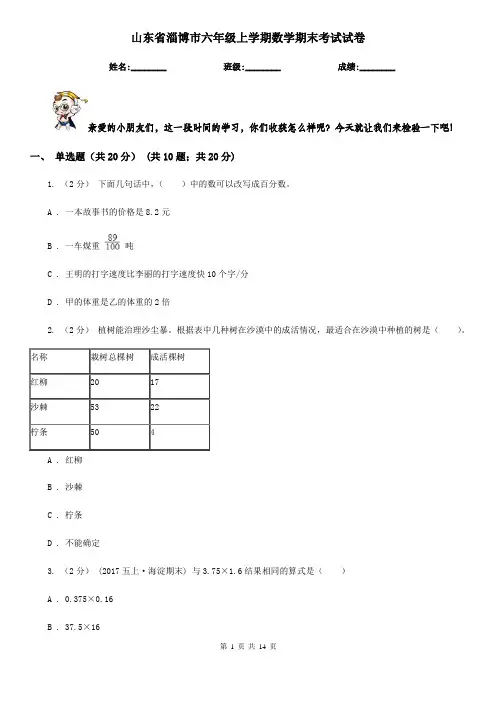 山东省淄博市六年级上学期数学期末考试试卷