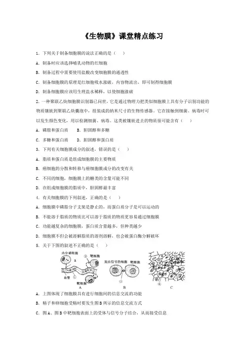 高一生物上学期《生物膜》课堂练习及答案