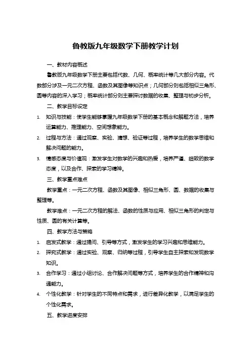 鲁教版九年级数学下册教学计划__