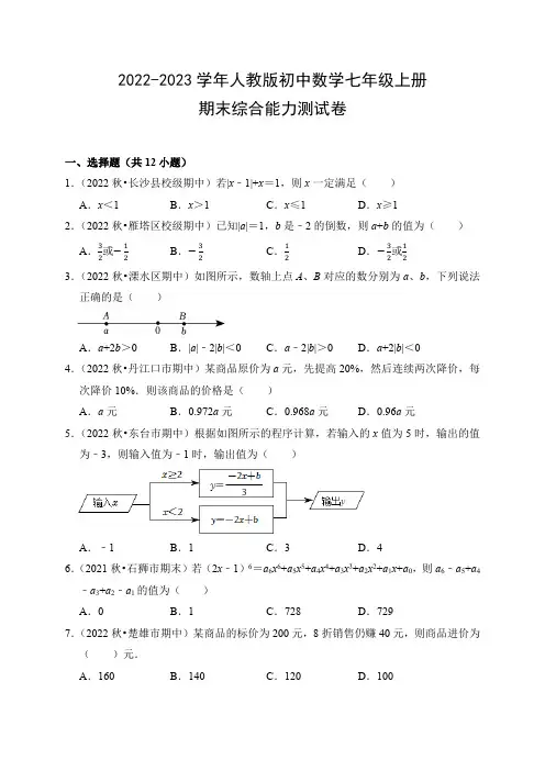 2022-2023学年人教版初中数学七年级上册期末综合能力测试卷(附参考答案)