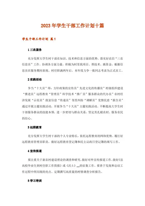 2023年学生干部工作计划十篇