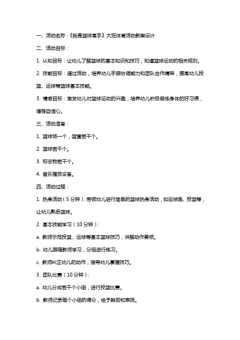 《我是篮球高手》大班体育活动教案设计