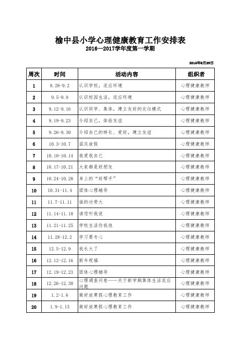 2016-2017学年度第一学期心理健康教育工作安排表