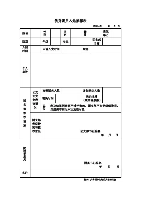 优秀团员入党推荐表