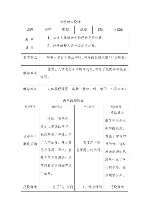 五年级科学下册教案-5.2 神经1-苏教版