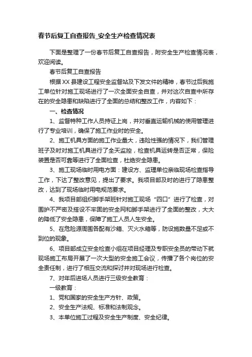 春节后复工自查报告_安全生产检查情况表