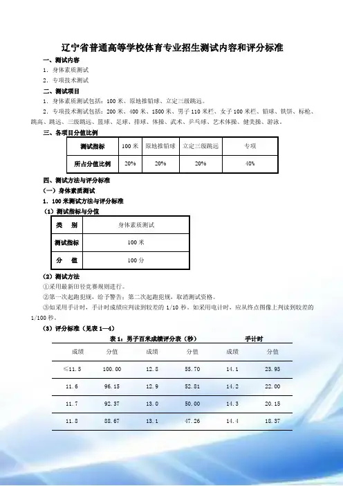 辽宁省2017普通高等学校体育专业招生测试内容和评分标准