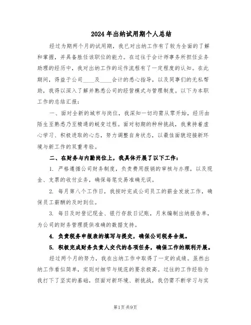 2024年出纳试用期个人总结（5篇）