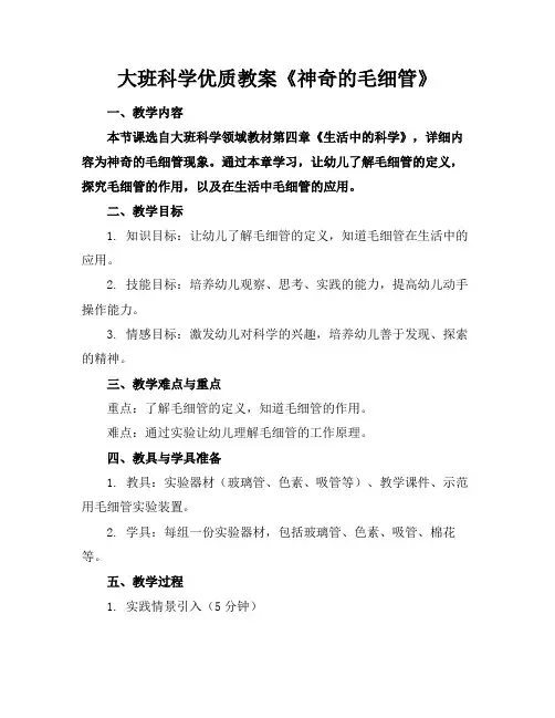 大班科学优质教案《神奇的毛细管》