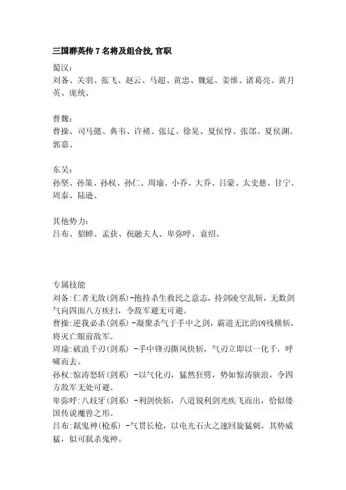 [管理]三国群英传7名将及组合技,官职