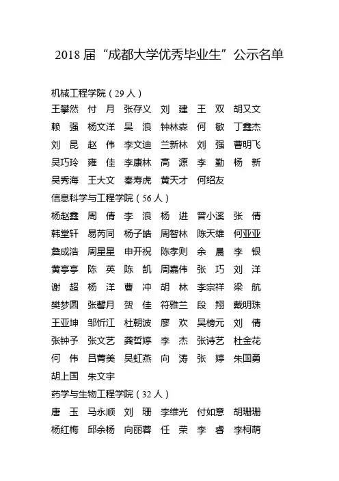 2018届成都大学优秀毕业生公示名单