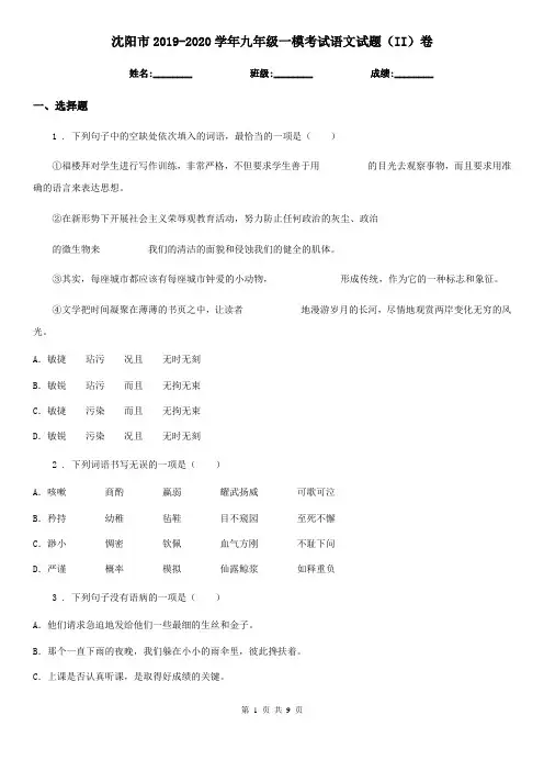 沈阳市2019-2020学年九年级一模考试语文试题(II)卷