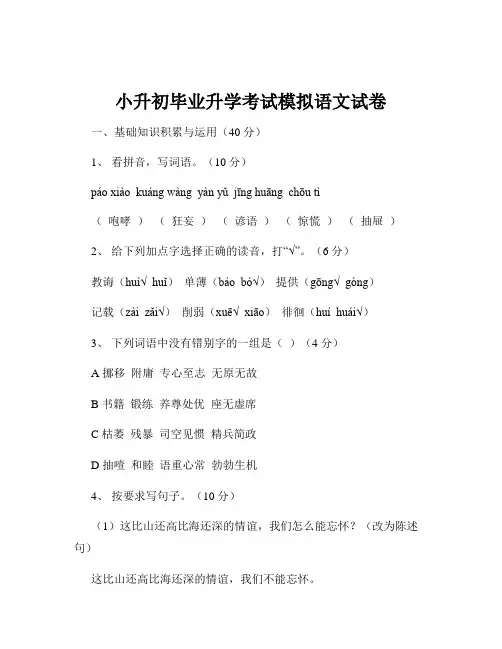 小升初毕业升学考试模拟语文试卷
