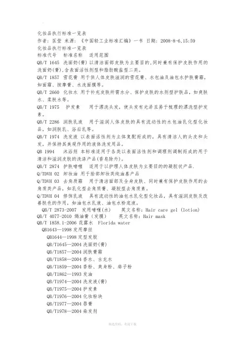 化妆品执行标准一览表