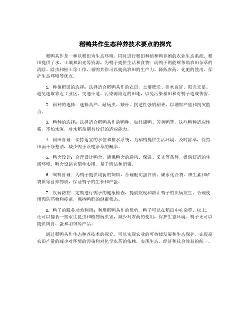 稻鸭共作生态种养技术要点的探究