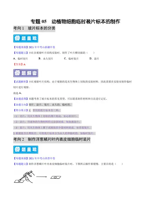 专题05  动植物细胞临时装片标本的制作-备战2022年中考生物学母题题源解密(原卷版)