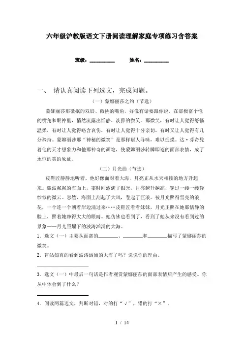 六年级沪教版语文下册阅读理解家庭专项练习含答案