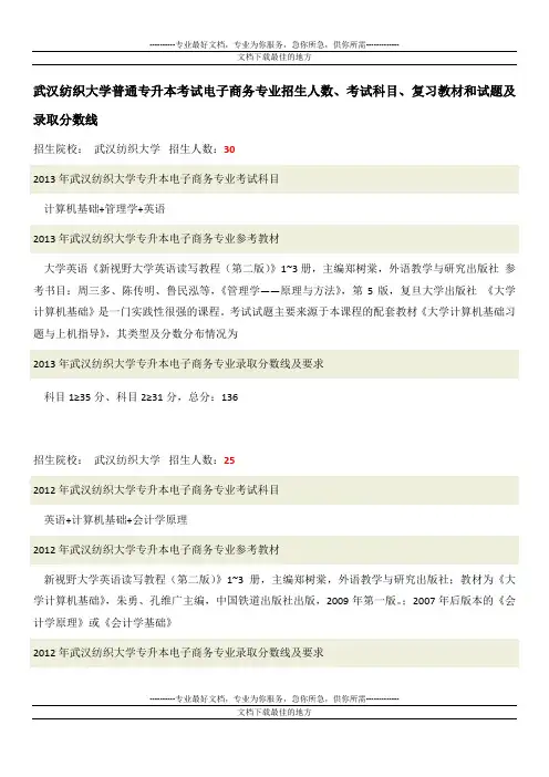 武汉纺织大学普通专升本考试电子商务专业招生人数、考试科目、复习教材和试题及录取分数线
