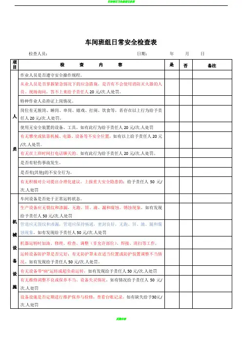 车间班组日常安全检查表