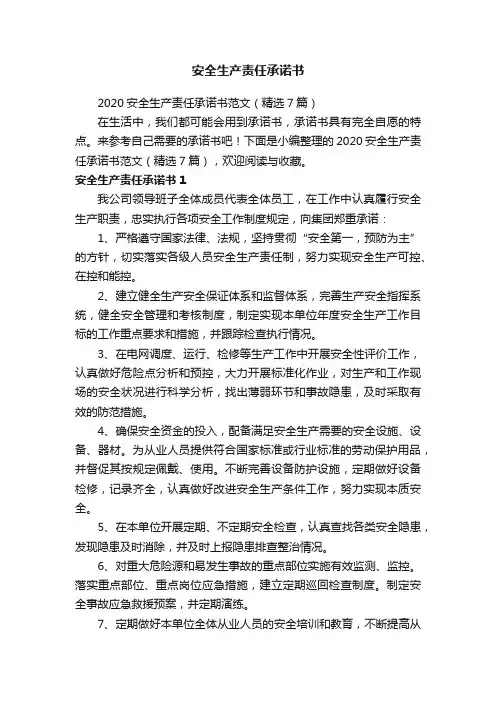 2020安全生产责任承诺书范文（精选7篇）