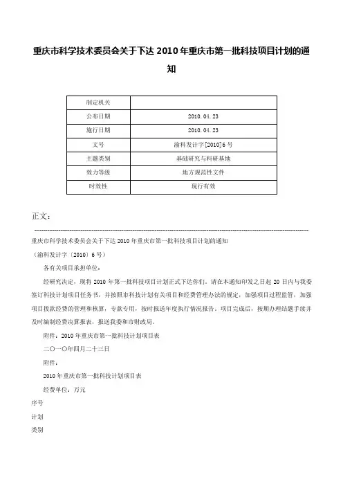 重庆市科学技术委员会关于下达2010年重庆市第一批科技项目计划的通知-渝科发计字[2010]6号